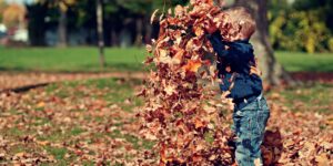 boy playing in fall leaves - seasonal activities