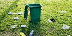 recycle bin and recyclables in grass around bin