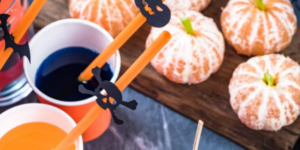 pealed oranges as snacks to look like pumpkins halloween cups and straws healthy Halloween Treats