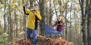 two kids raking leaves with blue rakes